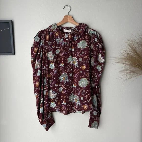 Ulla Johnson Blouse Dara Floral Ruffle Neck Long Puff Sleeve Top Red Size 8 - Picture 2 of 8